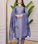 Lavender Colour Premium Roman Silk Hand Work A-Line kurta set