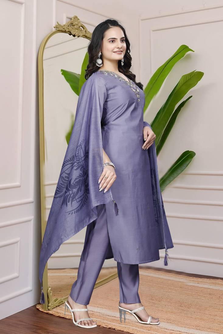 Lavender Colour Premium Roman Silk Hand Work A-Line kurta set