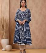 Blue women floral printed anarkali kurta pant with dupatta set
