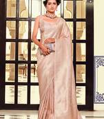 Kanjivaram silk blend pastel peach weaving zari classic saree for festival