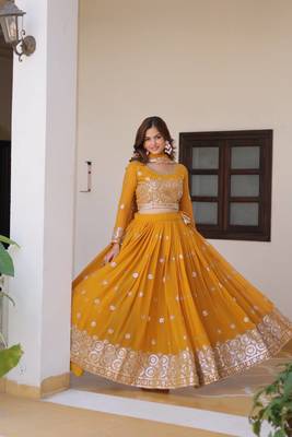 Alluring Embroidery Georgette Yellow Readymade Lehenga Choli 1