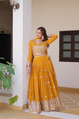 Alluring Embroidery Georgette Yellow Readymade Lehenga Choli 4