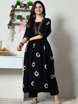 Black women rayon printed aline kurta with palazzo set 2