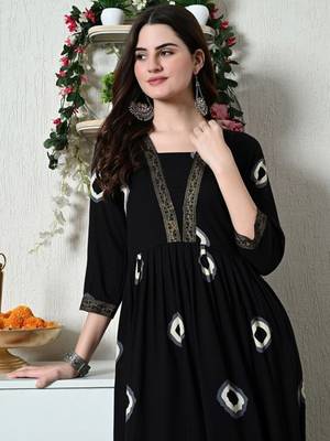 Black women rayon printed aline kurta with palazzo set 5