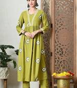 Green women rayon printed aline kurta with palazzo set