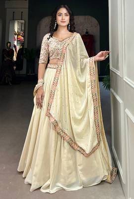 Trendmalls Georgette Off-white Embroidery work Lehenga Choli with Dupatta for Women 1