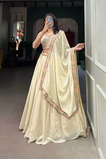 Trendmalls Georgette Off-white Embroidery work Lehenga Choli with Dupatta for Women