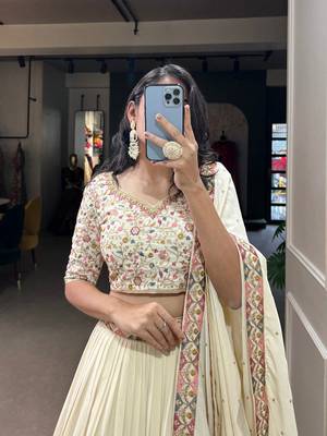 Trendmalls Georgette Off-white Embroidery work Lehenga Choli with Dupatta for Women 3