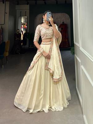 Trendmalls Georgette Off-white Embroidery work Lehenga Choli with Dupatta for Women 4