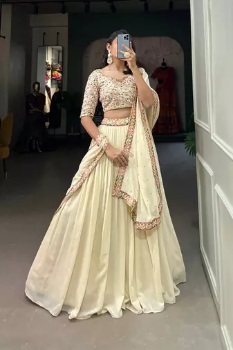 Trendmalls Georgette Off-white Embroidery work Lehenga Choli with Dupatta for Women