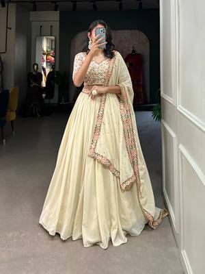 Trendmalls Georgette Off-white Embroidery work Lehenga Choli with Dupatta for Women 5