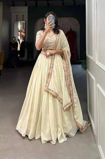 Trendmalls Georgette Off-white Embroidery work Lehenga Choli with Dupatta for Women