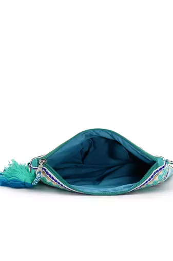 Tribal Turquoise & Multi Acrylic Jacquard Ethnic Motifs Embroidered Sling Bag