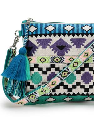 Tribal Turquoise & Multi Acrylic Jacquard Ethnic Motifs Embroidered Sling Bag 8