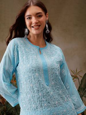 Hand Embroidered Blue Georgette Lucknowi Chikan Women Kurta 7