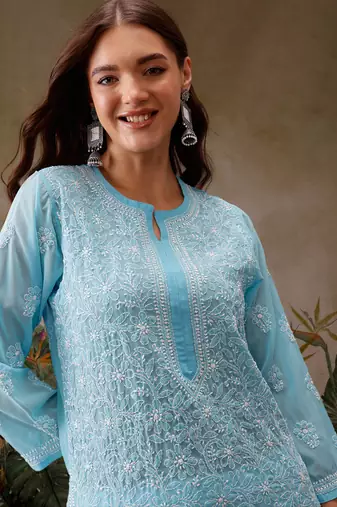 Hand Embroidered Blue Georgette Lucknowi Chikan Women Kurta