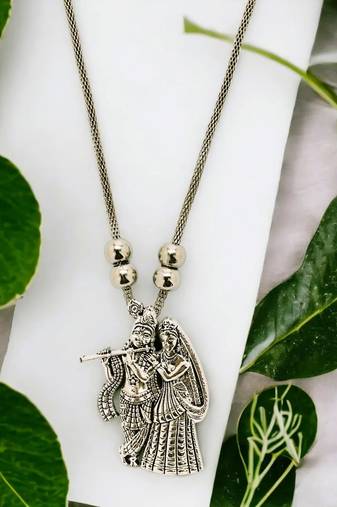 silver plated radha kishana pendat necklaceoxidised necklace & chain