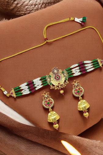  gold plated jaipuri choker jewellery set