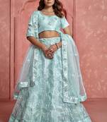 SKY BLUE SEQUINS THREAD EMBROIDERED SOFT NET SEMI STITCHED LEHENGA CHOLI