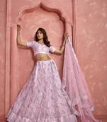PINK SEQUINS THREAD EMBROIDERED SOFT NET SEMI STITCHED LEHENGA CHOLI