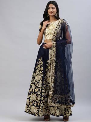 NAVY BLUE ZARI DORI & SEQUINS EMBROIDERED VELVET SEMI STITCHED LEHENGA CHOLI 1