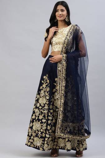 NAVY BLUE ZARI DORI & SEQUINS EMBROIDERED VELVET SEMI STITCHED LEHENGA CHOLI