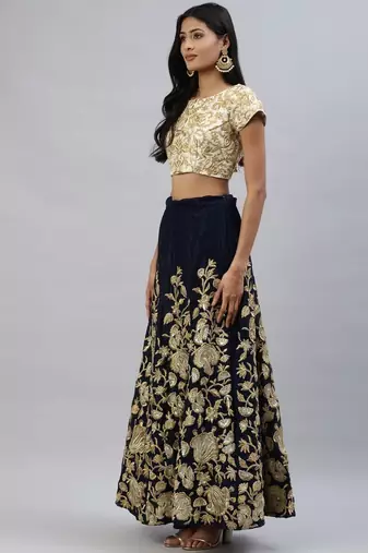 NAVY BLUE ZARI DORI & SEQUINS EMBROIDERED VELVET SEMI STITCHED LEHENGA CHOLI