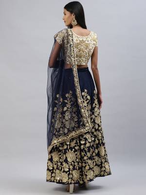 NAVY BLUE ZARI DORI & SEQUINS EMBROIDERED VELVET SEMI STITCHED LEHENGA CHOLI 3