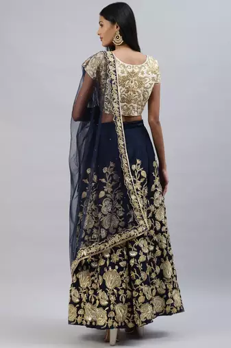 NAVY BLUE ZARI DORI & SEQUINS EMBROIDERED VELVET SEMI STITCHED LEHENGA CHOLI