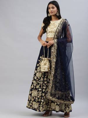 NAVY BLUE ZARI DORI & SEQUINS EMBROIDERED VELVET SEMI STITCHED LEHENGA CHOLI 4