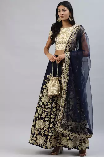NAVY BLUE ZARI DORI & SEQUINS EMBROIDERED VELVET SEMI STITCHED LEHENGA CHOLI