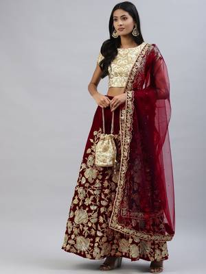 MAROON ZARI DORI & SEQUINS EMBROIDERED VELVET SEMI STITCHED LEHENGA CHOLI 1