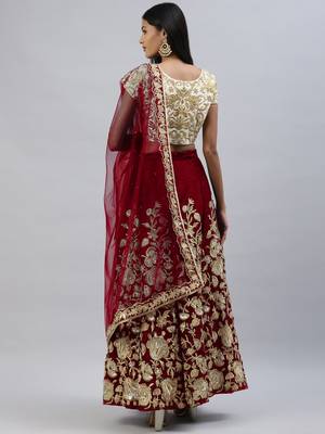 MAROON ZARI DORI & SEQUINS EMBROIDERED VELVET SEMI STITCHED LEHENGA CHOLI 3