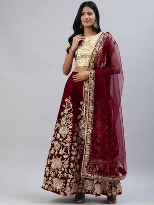MAROON ZARI DORI & SEQUINS EMBROIDERED VELVET SEMI STITCHED LEHENGA CHOLI 4