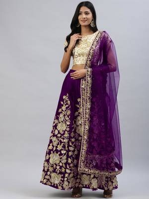 PURPLE ZARI DORI & SEQUINS EMBROIDERED VELVET SEMI STITCHED LEHENGA CHOLI 1