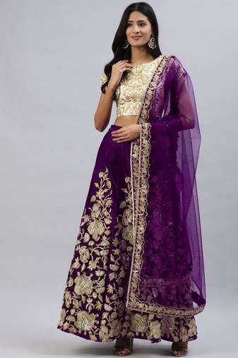 PURPLE ZARI DORI & SEQUINS EMBROIDERED VELVET SEMI STITCHED LEHENGA CHOLI
