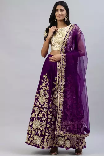 PURPLE ZARI DORI & SEQUINS EMBROIDERED VELVET SEMI STITCHED LEHENGA CHOLI