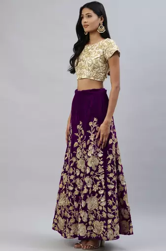 PURPLE ZARI DORI & SEQUINS EMBROIDERED VELVET SEMI STITCHED LEHENGA CHOLI
