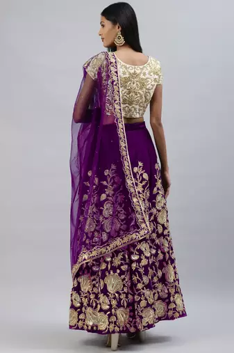 PURPLE ZARI DORI & SEQUINS EMBROIDERED VELVET SEMI STITCHED LEHENGA CHOLI