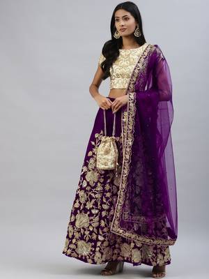 PURPLE ZARI DORI & SEQUINS EMBROIDERED VELVET SEMI STITCHED LEHENGA CHOLI 4