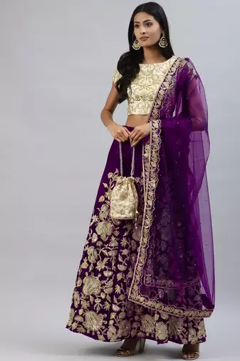 PURPLE ZARI DORI & SEQUINS EMBROIDERED VELVET SEMI STITCHED LEHENGA CHOLI