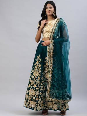 TURQUOISE ZARI DORI & SEQUINS EMBROIDERED VELVET SEMI STITCHED LEHENGA CHOLI 1