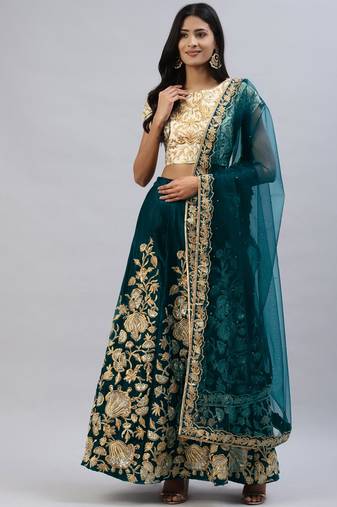 TURQUOISE ZARI DORI & SEQUINS EMBROIDERED VELVET SEMI STITCHED LEHENGA CHOLI