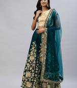 TURQUOISE ZARI DORI & SEQUINS EMBROIDERED VELVET SEMI STITCHED LEHENGA CHOLI