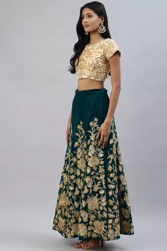 TURQUOISE ZARI DORI & SEQUINS EMBROIDERED VELVET SEMI STITCHED LEHENGA CHOLI
