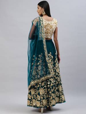 TURQUOISE ZARI DORI & SEQUINS EMBROIDERED VELVET SEMI STITCHED LEHENGA CHOLI 3