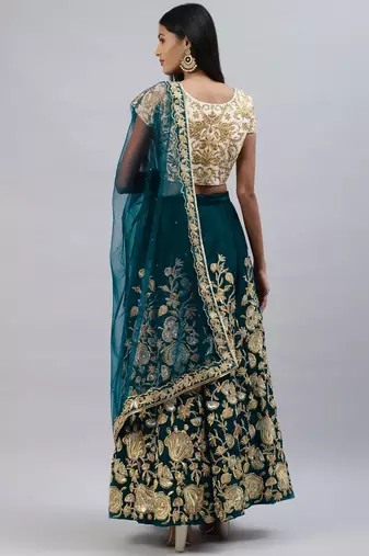 TURQUOISE ZARI DORI & SEQUINS EMBROIDERED VELVET SEMI STITCHED LEHENGA CHOLI