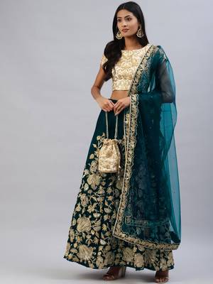 TURQUOISE ZARI DORI & SEQUINS EMBROIDERED VELVET SEMI STITCHED LEHENGA CHOLI 4