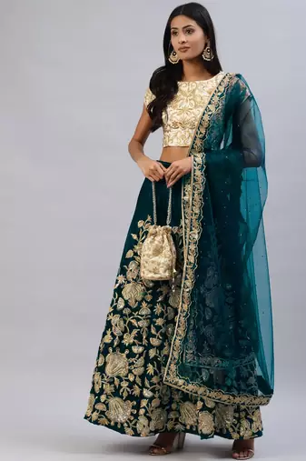 TURQUOISE ZARI DORI & SEQUINS EMBROIDERED VELVET SEMI STITCHED LEHENGA CHOLI
