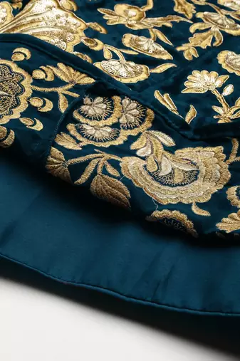 TURQUOISE ZARI DORI & SEQUINS EMBROIDERED VELVET SEMI STITCHED LEHENGA CHOLI